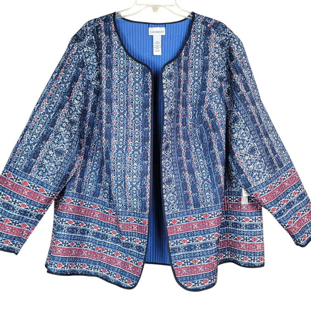 Catherines Jacket Blazer Women 3X Blue Lightweight Quilted Reversible Open Front